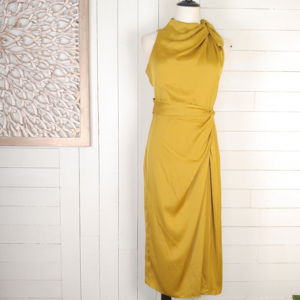 Banana Republic Mustard Yellow Satin Tie-Neck Sheath Dress Size 2